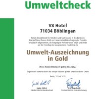 Zertifikat des DEHOGA Umweltchecks für das V8 Hotel in Böblingen, ausgezeichnet mit der Umwelt-Auszeichnung in Gold., © V8 HOTEL Zertifikat des DEHOGA Umweltchecks für das V8 Hotel in Böblingen, ausgezeichnet mit der Umwelt-Auszeichnung in Gold., © V8 HOTEL