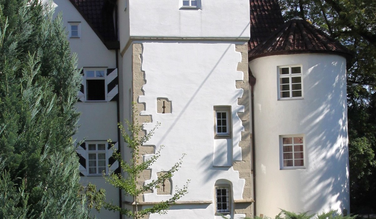 Schloss Riet mit weißer Fassade und Turm, umgeben von Bäumen und Rasenfläche. Klare, sonnige Wetterbedingungen., © Land der 1000 Hügel - Kraichgau-Stromberg