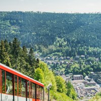 Die Sommerbergbahn in Bad Wildbad fährt durch eine grüne Waldlandschaft. Im Hintergrund ist die Stadt und der dichte Schwarzwald zu sehen., © Touristik Bad Wildbad GmbH