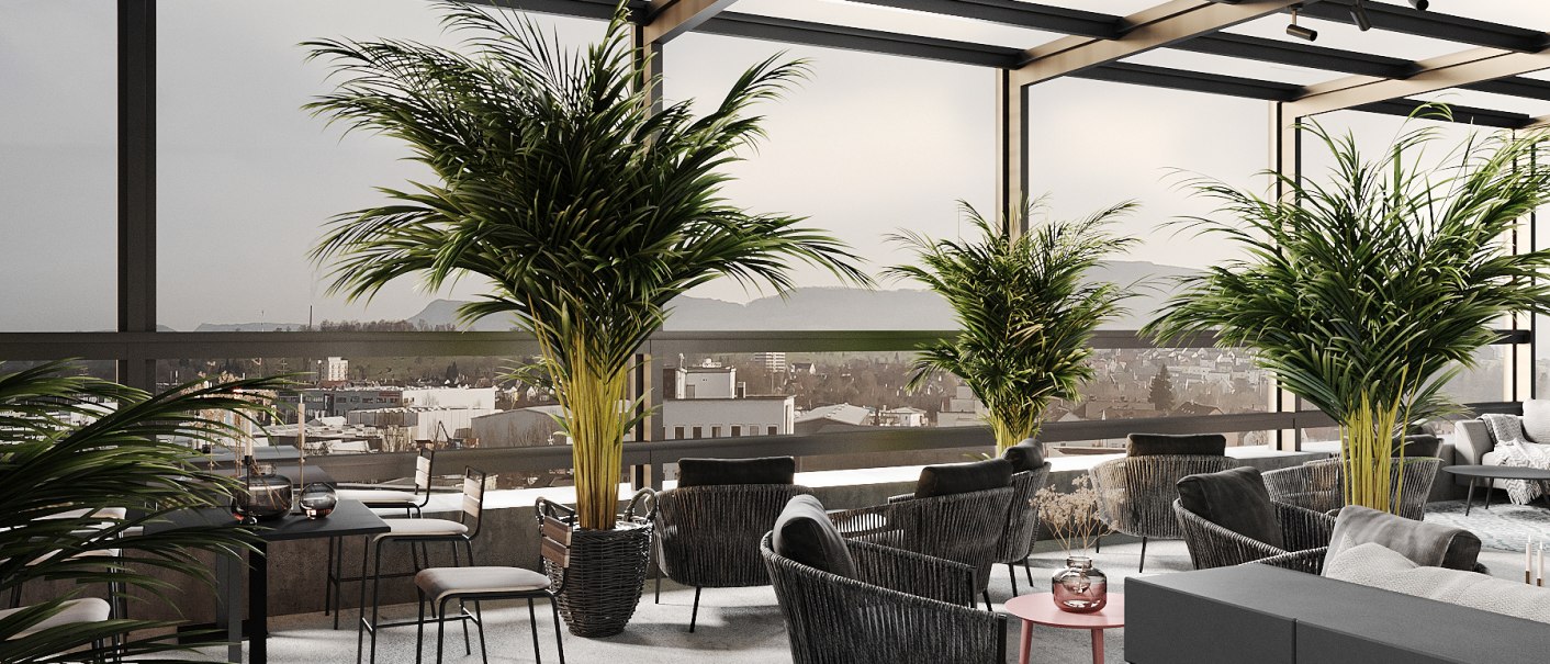 Moderne Rooftop-Terrasse mit Glasdach, stilvollen Sitzmöbeln und üppigen Pflanzen. Blick auf die Stadt im Hintergrund., © LOOM Hotel & Skybar Moderne Rooftop-Terrasse mit Glasdach, stilvollen Sitzmöbeln und üppigen Pflanzen. Blick auf die Stadt im Hintergrund., © LOOM Hotel & Skybar