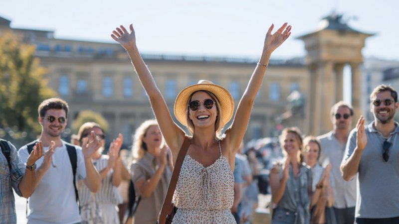 Eine fröhliche Frau in einem Sommerkleid und Hut hebt die Arme, während eine Gruppe von Menschen im Freien applaudiert., © SMG, Sarah Schmid Eine fröhliche Frau in einem Sommerkleid und Hut hebt die Arme, während eine Gruppe von Menschen im Freien applaudiert., © SMG, Sarah Schmid