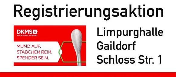 Ausschnitt aus Infoblatt zur DKMS-Registrierungsaktion - Kopf eines Wattestäbchens auf rotem Grund, links daneben der Text "Mund auf, Stäbchen rein, Spender sein" , rechts Adresse der Limpurghalle, © DKMS