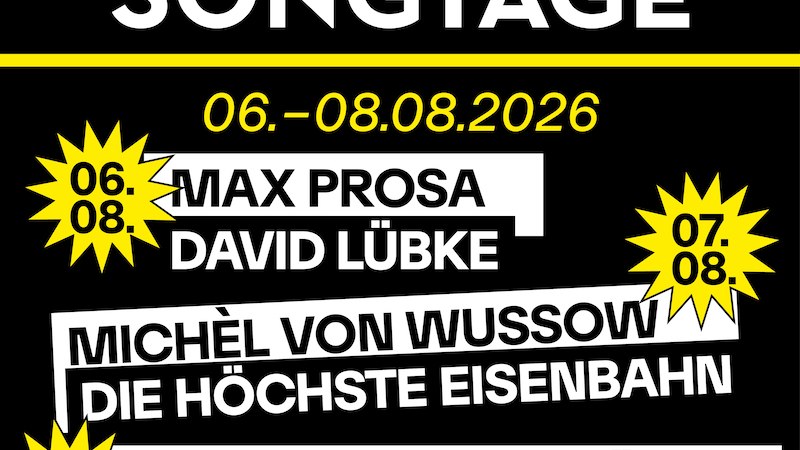 Plakat f&uuml;r die B&ouml;blinger Songtage 2026 in der Alten T&Uuml;V-Halle mit K&uuml;nstlern wie Max Prosa, Michel von Wussow und Gringo Mayer vom 6. bis 8. August., &copy; Stadt B&ouml;blingen - Amt f&uuml;r Kultur