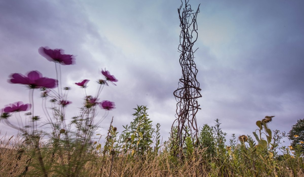 Ein Kunstwerk aus verdrehten Metallstäben erhebt sich in die Höhe, umgeben von wilden Blumen und Gras. Der Himmel ist bewölkt und dramatisch., © Natur.Nah. Schönbuch & Heckengäu Ein Kunstwerk aus verdrehten Metallstäben erhebt sich in die Höhe, umgeben von wilden Blumen und Gras. Der Himmel ist bewölkt und dramatisch., © Natur.Nah. Schönbuch & Heckengäu