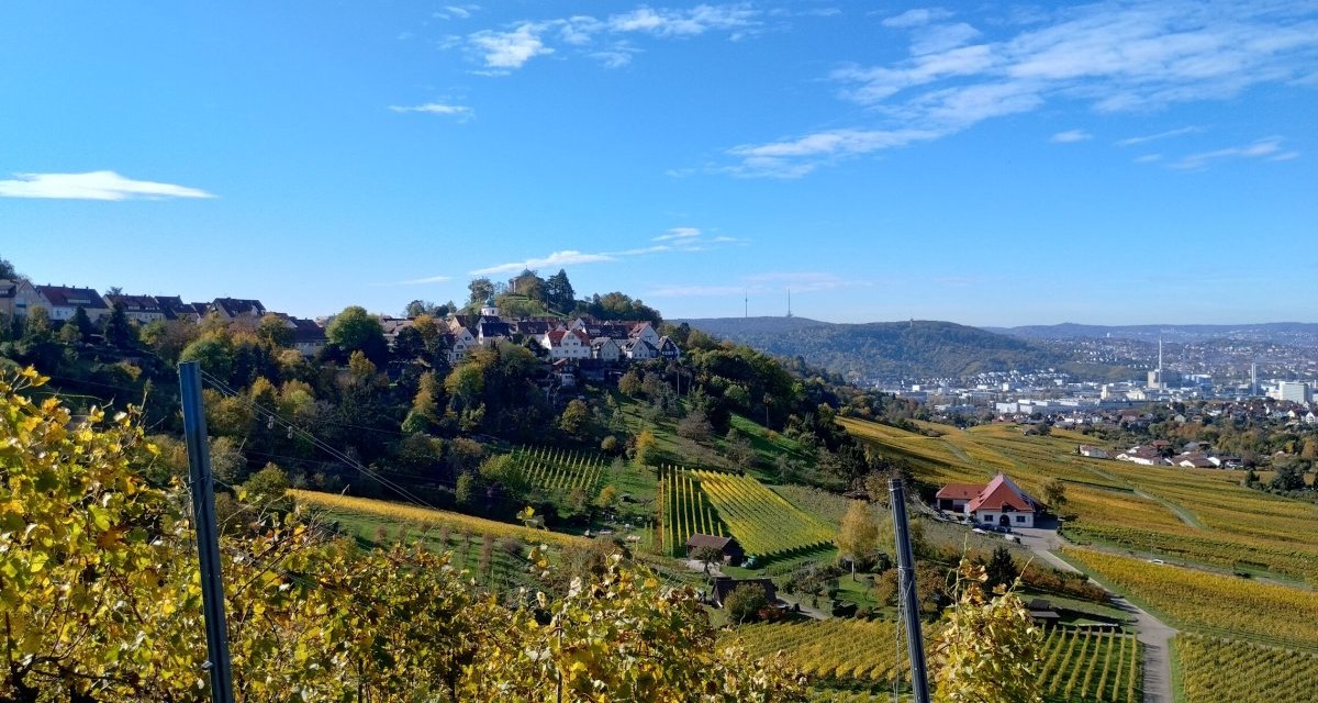 Hügelige Landschaft mit Weinbergen, einer Siedlung auf einem Hügel und einem klaren blauen Himmel im Hintergrund. Hügelige Landschaft mit Weinbergen, einer Siedlung auf einem Hügel und einem klaren blauen Himmel im Hintergrund.