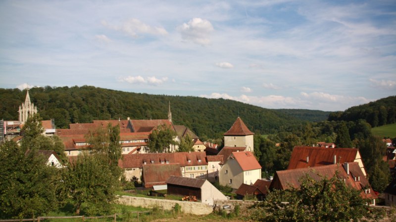 Malerische Stadt mit roten D&auml;chern und Kirchturm, umgeben von gr&uuml;nen H&uuml;geln und B&auml;umen. Der Himmel ist blau mit einigen Wolken., &copy; Natur.Nah. Sch&ouml;nbuch & Heckeng&auml;u