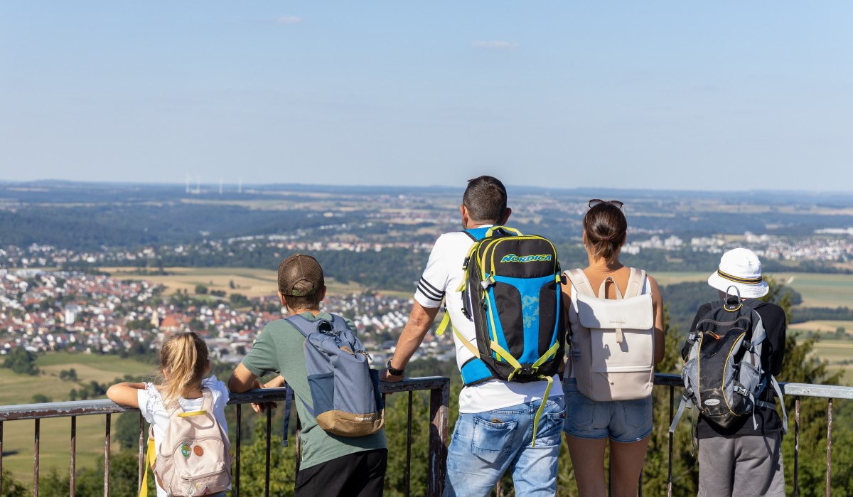 Eine Gruppe von Menschen mit Rucksäcken steht auf einer Plattform und blickt auf eine weite Landschaft mit Feldern und Dörfern., © Foto Thomas Zehnder Eine Gruppe von Menschen mit Rucksäcken steht auf einer Plattform und blickt auf eine weite Landschaft mit Feldern und Dörfern., © Foto Thomas Zehnder