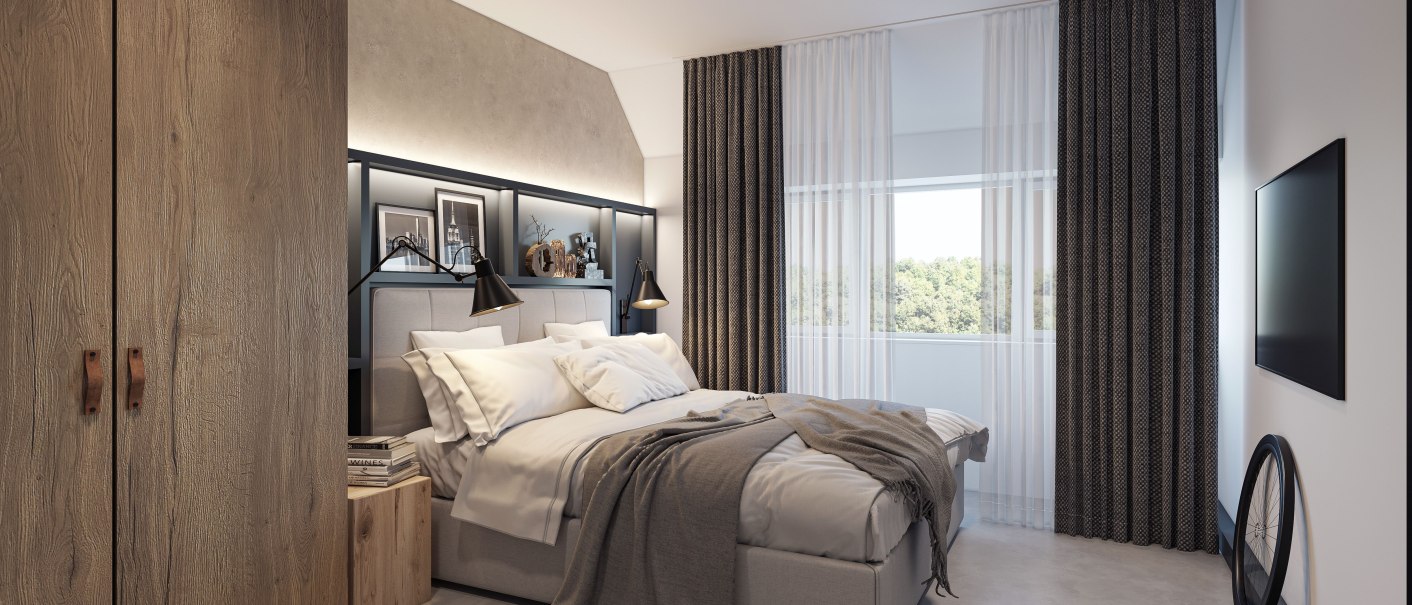Modernes Schlafzimmer mit Doppelbett, Holzmöbeln, Wandbildern und großem Fenster mit Vorhängen. Ein Fahrradreifen lehnt an der Wand., © CLOUD N°7 LOFTS