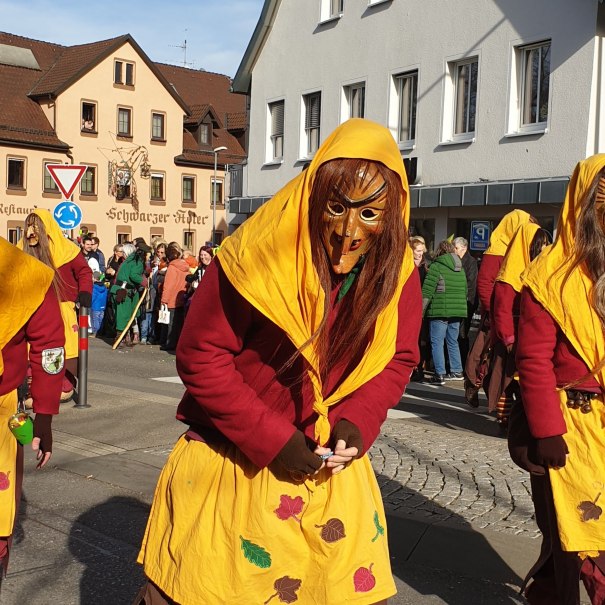 Teilnehmer des Fasnetsumzugs in Kirchheim unter Teck tragen bunte Kostüme und Holzmasken. Zuschauer stehen am Straßenrand vor historischen Gebäuden., © Römer Teilnehmer des Fasnetsumzugs in Kirchheim unter Teck tragen bunte Kostüme und Holzmasken. Zuschauer stehen am Straßenrand vor historischen Gebäuden., © Römer