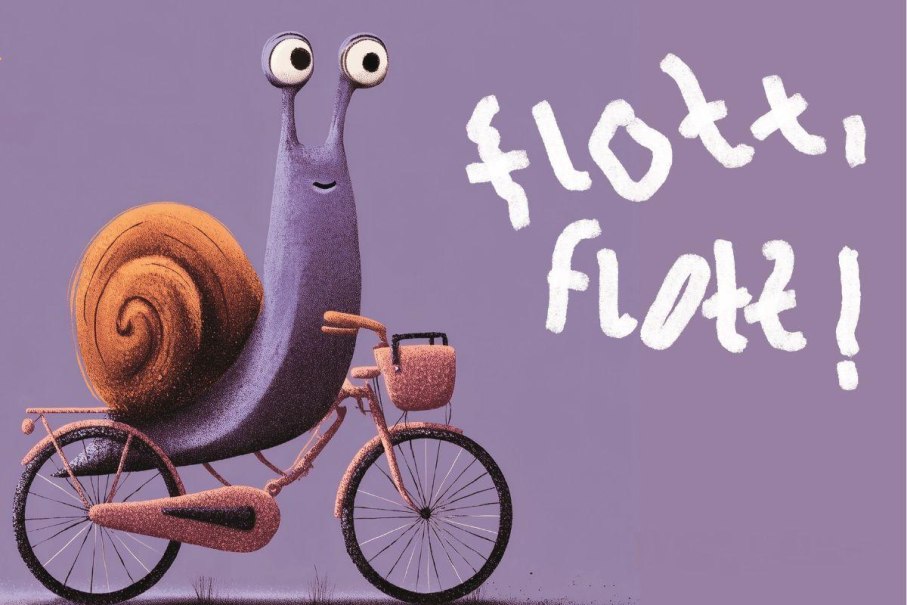 Eine fr&ouml;hliche Schnecke f&auml;hrt auf einem Fahrrad. Der Schriftzug 'flott, flott!' ist in wei&szlig;er Schrift auf einem lila Hintergrund zu sehen., &copy; Ludwigsburg Museum