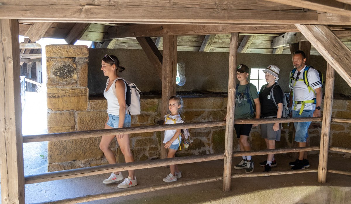Eine Familie mit Rucksäcken geht durch einen hölzernen Gang in einer Burgruine. Die Sonne scheint durch das Dach., © Foto Thomas Zehnder Eine Familie mit Rucksäcken geht durch einen hölzernen Gang in einer Burgruine. Die Sonne scheint durch das Dach., © Foto Thomas Zehnder