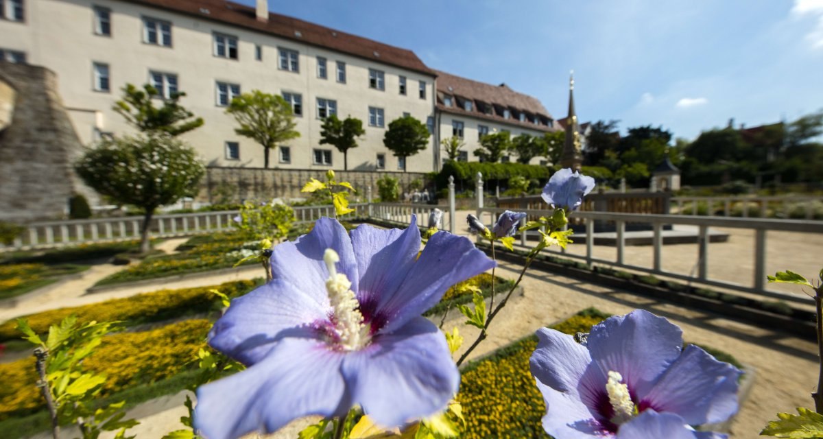 Blaue Blumen im Vordergrund, dahinter ein historisches Geb&auml;ude mit rotem Dach und B&auml;umen. Klarer Himmel und sonniges Wetter., &copy; Stuttgart Marketing GmbH Achim Mende
