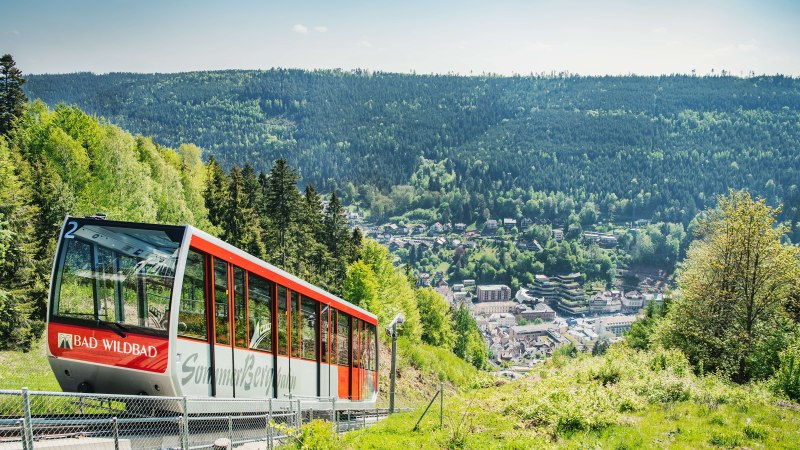 Die Sommerbergbahn in Bad Wildbad f&auml;hrt durch eine gr&uuml;ne Landschaft. Im Hintergrund ist die Stadt und ein bewaldeter H&uuml;gel zu sehen., &copy; Touristik Bad Wildbad