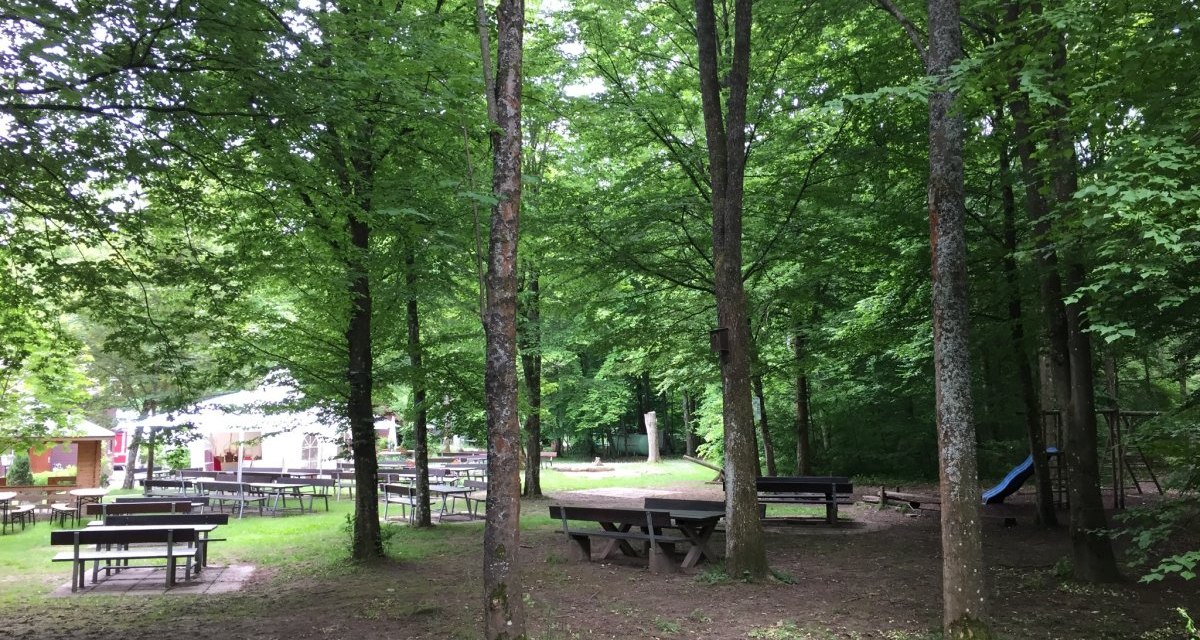 Ein ruhiger Biergarten im Wald mit leeren Holzb&auml;nken und Tischen, umgeben von hohen B&auml;umen. Im Hintergrund ist ein Spielplatz zu sehen., &copy; www.pro-cycl.de