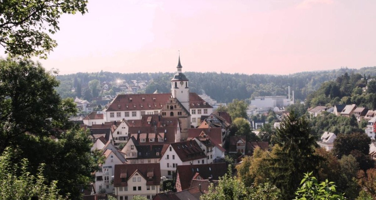 Malerische Stadtansicht mit einem zentralen Gebäude mit Turm, umgeben von roten Dächern, Bäumen und Hügeln im Hintergrund., © Natur.Nah. Schönbuch & Heckengäu Malerische Stadtansicht mit einem zentralen Gebäude mit Turm, umgeben von roten Dächern, Bäumen und Hügeln im Hintergrund., © Natur.Nah. Schönbuch & Heckengäu