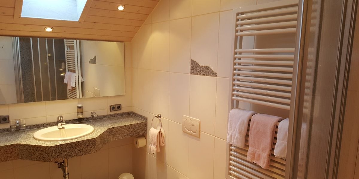 Modernes Badezimmer mit Waschbecken, großem Spiegel, Handtuchhalter und Dachfenster. Helle Fliesen und Holzdecke schaffen eine gemütliche Atmosphäre., © Hotel Koch