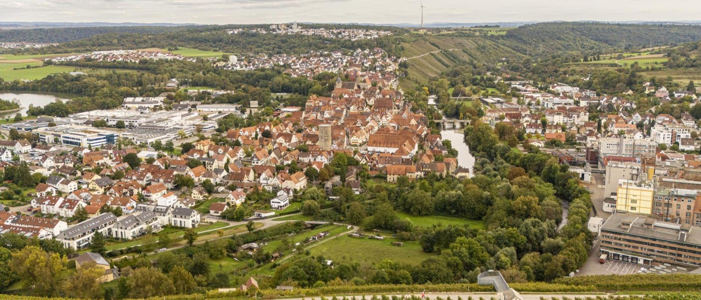 Panoramablick auf Besigheim, umgeben von gr&uuml;nen Weinbergen und Fluss. Historische Geb&auml;ude und moderne Strukturen pr&auml;gen das Stadtbild., &copy; SMG, Sarah Schmid