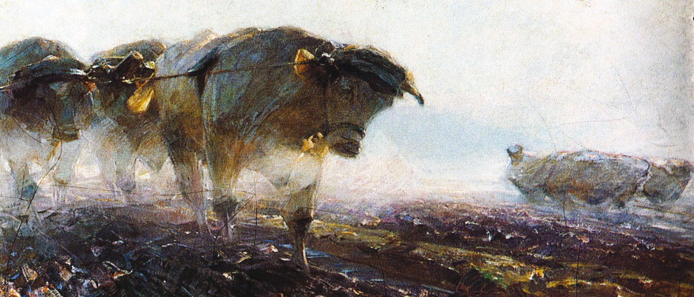 Gemälde von Heinrich von Zügel zeigt Ochsen, die auf einem Feld arbeiten. Die Tiere sind in Bewegung und ziehen landwirtschaftliche Geräte., © Stadt Murrhardt