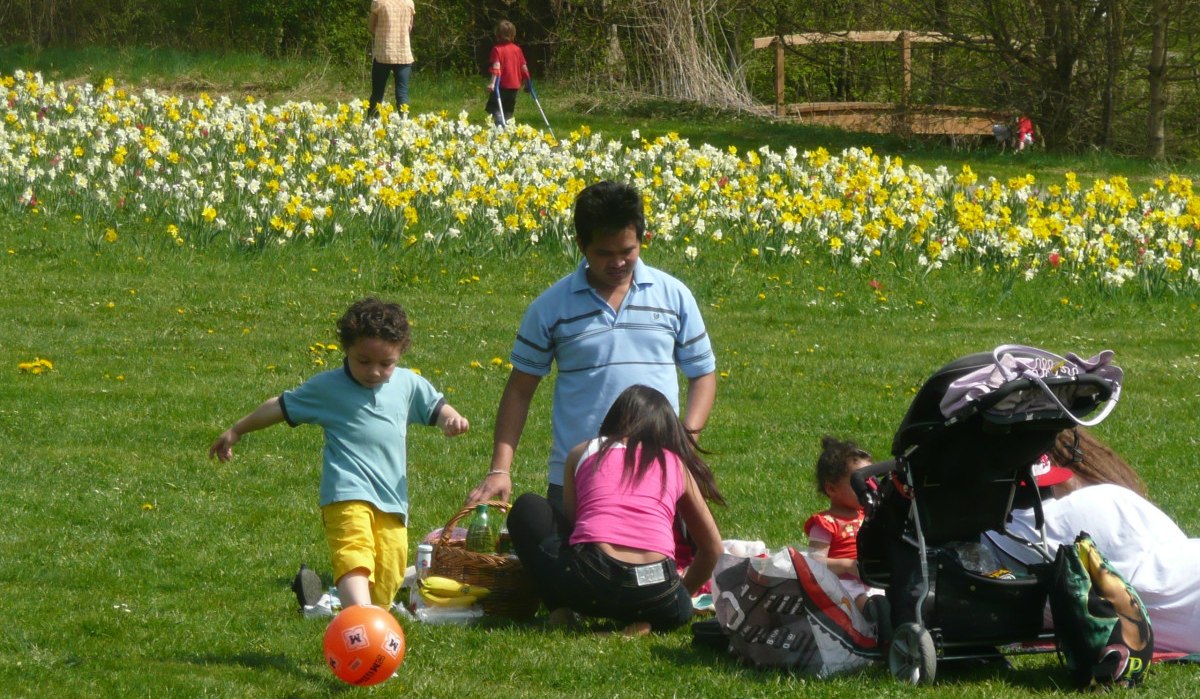Familie genießt ein Picknick im Park. Ein Kind spielt mit einem Ball, während andere auf der Decke sitzen. Im Hintergrund blühende Narzissen., © Sindelfingen - Stuttgart-Marketing GmbH Familie genießt ein Picknick im Park. Ein Kind spielt mit einem Ball, während andere auf der Decke sitzen. Im Hintergrund blühende Narzissen., © Sindelfingen - Stuttgart-Marketing GmbH