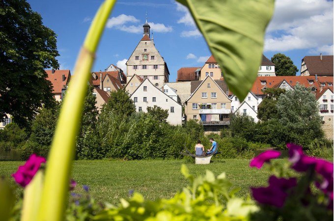 Historische Altstadt von Besigheim mit Fachwerkh&auml;usern, umgeben von gr&uuml;ner Natur und bunten Blumen im Vordergrund., &copy; Stadt Besigheim
