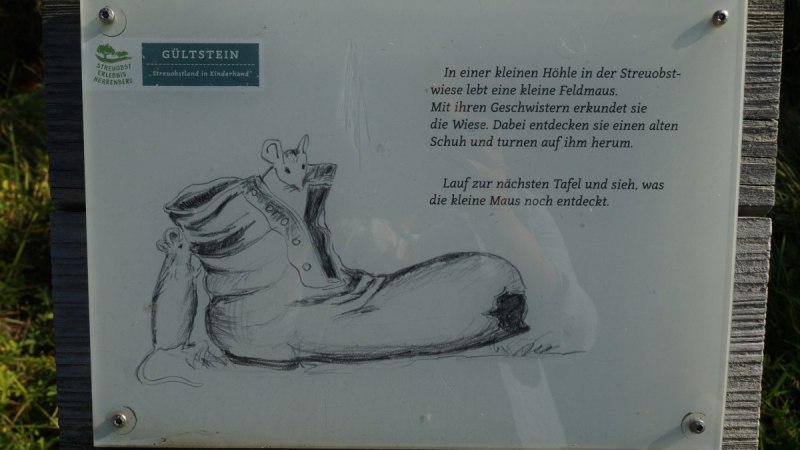 Infotafel mit einer Zeichnung einer Maus in einem Schuh. Der Text beschreibt das Leben einer Feldmaus auf einer Streuobstwiese., © Natur.Nah. Schönbuch & Heckengäu Infotafel mit einer Zeichnung einer Maus in einem Schuh. Der Text beschreibt das Leben einer Feldmaus auf einer Streuobstwiese., © Natur.Nah. Schönbuch & Heckengäu