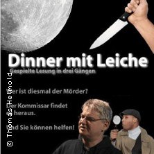 Plakat f&uuml;r 'Dinner mit Leiche': Ein Mann h&auml;lt ein Messer, ein anderer eine Lupe. Text: 'Wer ist diesmal der M&ouml;rder? Der Kommissar findet heraus. Und Sie k&ouml;nnen helfen!', &copy; links im Bild