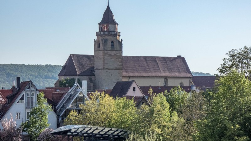 Die Stadtkirche mit ihrem markanten Turm erhebt sich &uuml;ber die D&auml;cher und B&auml;ume der Stadt, vor einem klaren blauen Himmel., &copy; statdmarketing