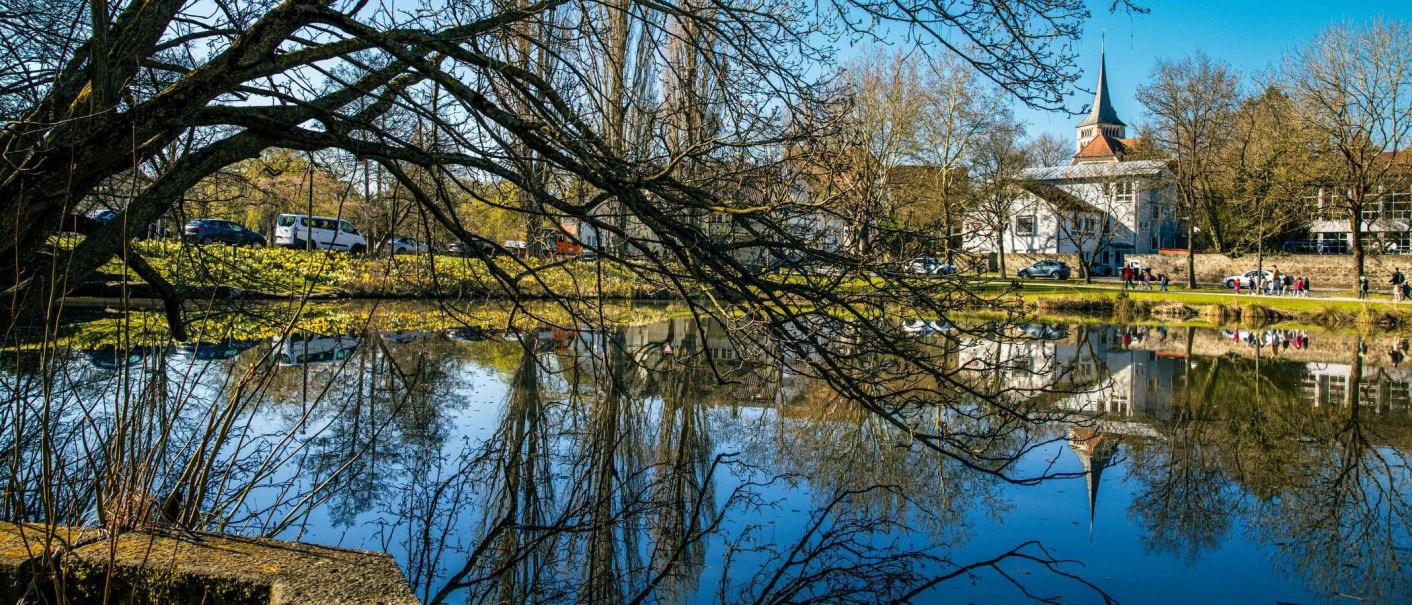 Ein ruhiger See spiegelt Bäume und eine Kirche wider. Menschen spazieren am Ufer entlang, während Autos auf der Straße parken., © Stuttgart-Marketing GmbH, Sarah Schmid
