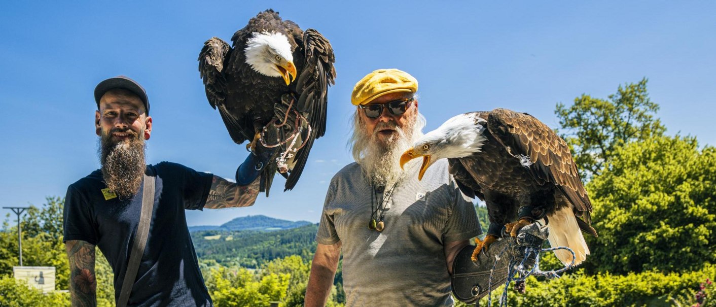 Zwei Männer präsentieren stolz Weißkopfseeadler auf ihren Armen. Im Hintergrund ist eine grüne Landschaft unter einem klaren blauen Himmel zu sehen., © SMG, Sarah Schmid Zwei Männer präsentieren stolz Weißkopfseeadler auf ihren Armen. Im Hintergrund ist eine grüne Landschaft unter einem klaren blauen Himmel zu sehen., © SMG, Sarah Schmid