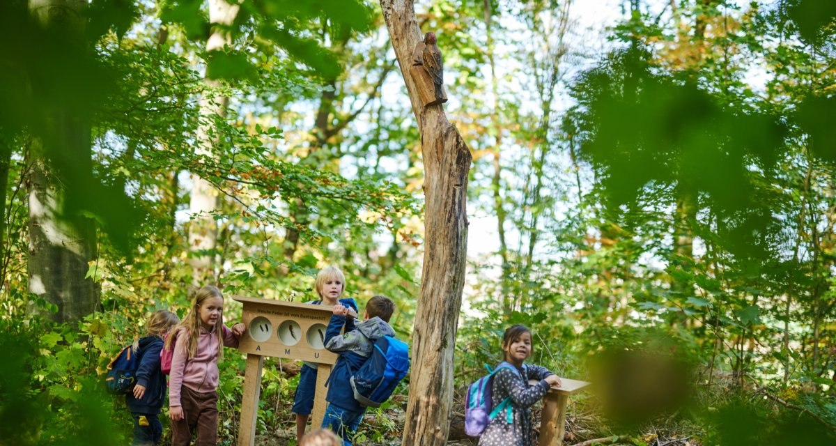 Kinder entdecken eine Station im Wald mit einem Holzschild und Baumstamm. Sie tragen Rucksäcke und sind von grünen Blättern umgeben., © Natur.Nah. Schönbuch & Heckengäu Kinder entdecken eine Station im Wald mit einem Holzschild und Baumstamm. Sie tragen Rucksäcke und sind von grünen Blättern umgeben., © Natur.Nah. Schönbuch & Heckengäu