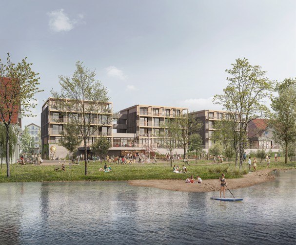 Modernes Hotelgeb&auml;ude am Wasser mit Menschen, die im Freien entspannen und Aktivit&auml;ten nachgehen., &copy; Belsers Hotel