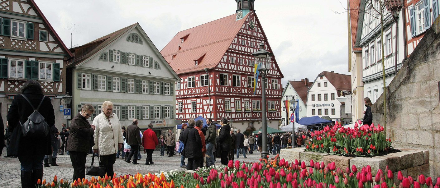 Das historische Rathaus in Backnang mit Fachwerkhäusern und bunten Blumenbeeten. Menschen flanieren auf dem Platz., © Backnang