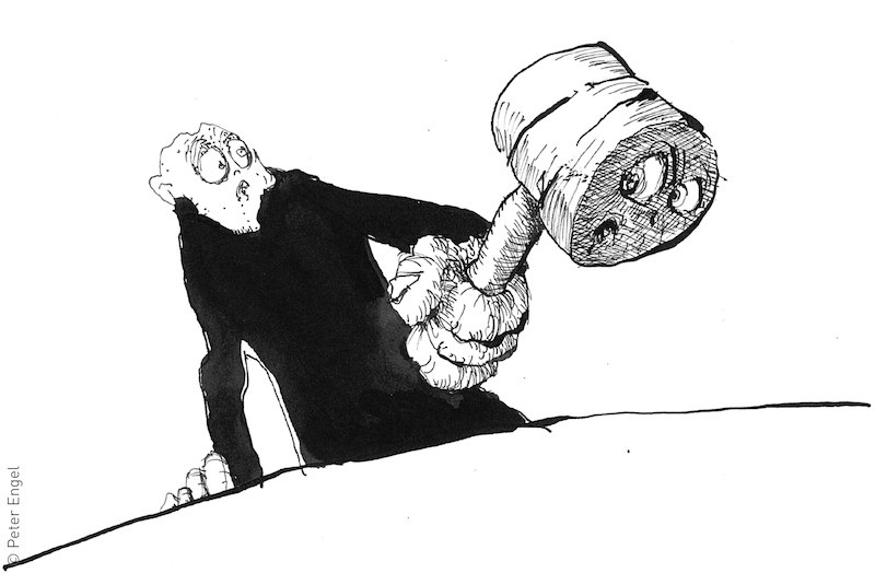 Ein Mann mit einem großen Hammer in der Hand schaut überrascht. Die Zeichnung ist in Schwarz-Weiß gehalten., © Stadt Kornwestheim Kulturmanagement