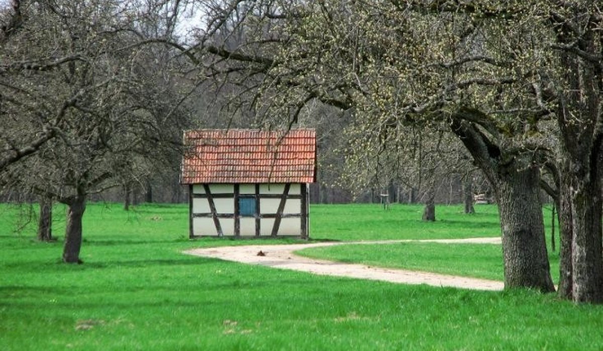 Ein kleines Fachwerkhaus steht auf einer grünen Wiese, umgeben von kahlen Bäumen. Ein Weg führt zum Haus., © Natur.Nah. Schönbuch & Heckengäu Ein kleines Fachwerkhaus steht auf einer grünen Wiese, umgeben von kahlen Bäumen. Ein Weg führt zum Haus., © Natur.Nah. Schönbuch & Heckengäu