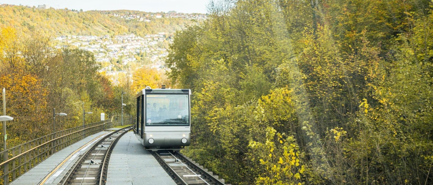 Eine moderne Bergbahn fährt durch herbstlich gefärbte Bäume. Im Hintergrund ist eine Stadt auf einem Hügel zu sehen., © SMG, Sarah Schmid Eine moderne Bergbahn fährt durch herbstlich gefärbte Bäume. Im Hintergrund ist eine Stadt auf einem Hügel zu sehen., © SMG, Sarah Schmid