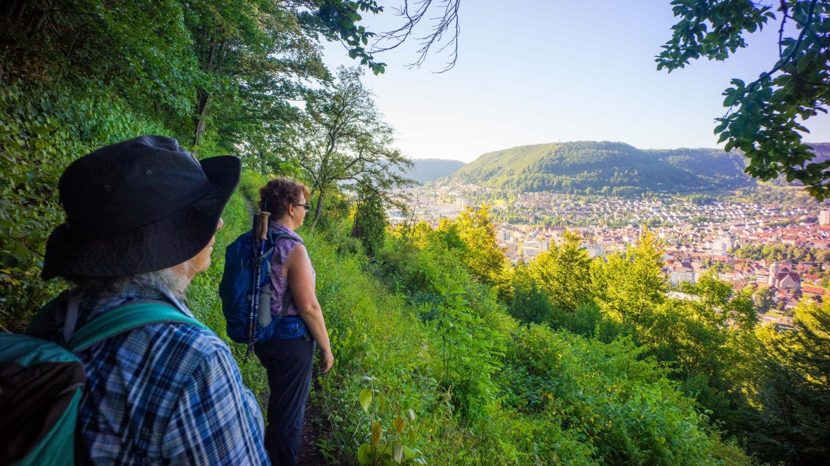 Zwei Wanderer auf einem grünen Pfad mit Blick auf Geislingen im Tal, umgeben von bewaldeten Hügeln., © Stadt Geislingen an der Steige Zwei Wanderer auf einem grünen Pfad mit Blick auf Geislingen im Tal, umgeben von bewaldeten Hügeln., © Stadt Geislingen an der Steige