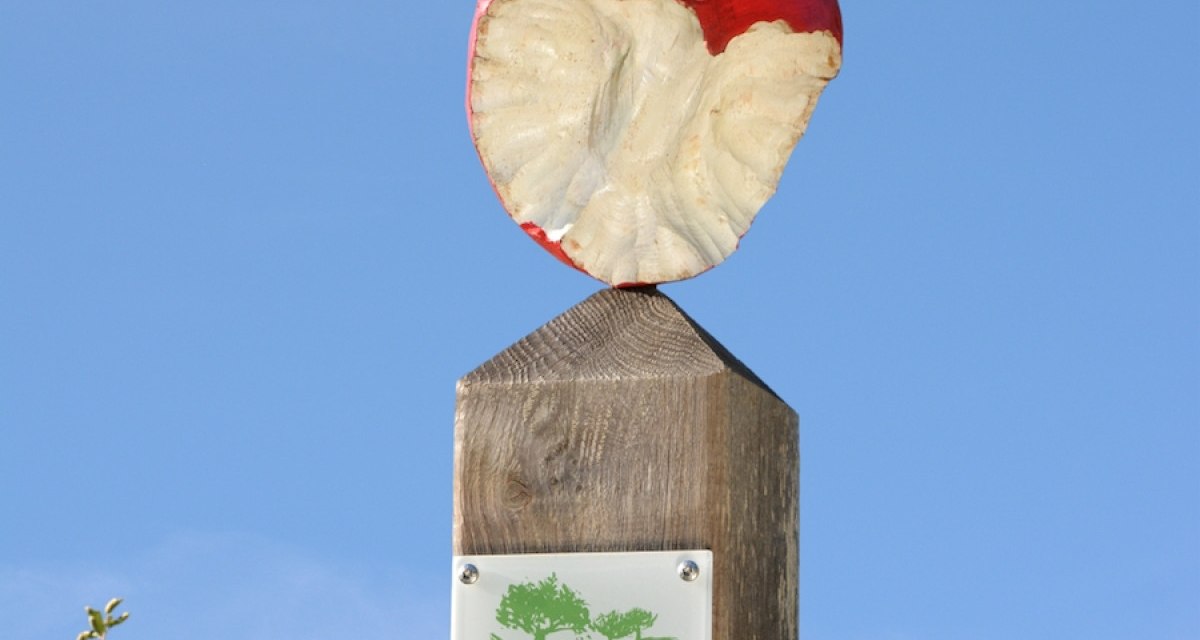 Ein hölzerner Pfosten mit einem angebissenen Apfel oben und einem Schild mit der Aufschrift 'Streuobst Erlebnis Herrenberg' vor blauem Himmel., © Natur.Nah. Schönbuch & Heckengäu Ein hölzerner Pfosten mit einem angebissenen Apfel oben und einem Schild mit der Aufschrift 'Streuobst Erlebnis Herrenberg' vor blauem Himmel., © Natur.Nah. Schönbuch & Heckengäu