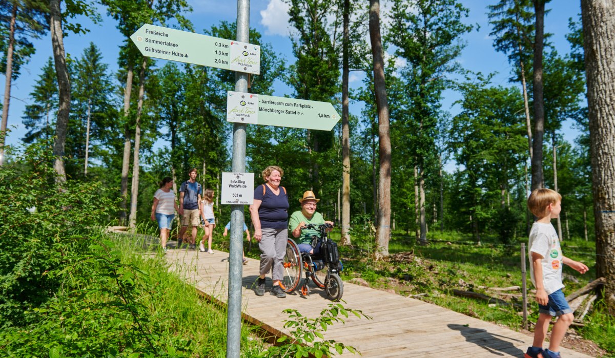 Ein Holzsteg im Wald mit mehreren Personen, darunter eine Person im Rollstuhl. Wegweiser zeigen Entfernungen zu verschiedenen Zielen an.