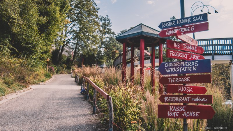 Ein Wegweiser mit roten und blauen Schildern zeigt verschiedene Ziele in einem grünen Park an. Ein Weg führt durch die Landschaft., © Stadt Welzheim Ein Wegweiser mit roten und blauen Schildern zeigt verschiedene Ziele in einem grünen Park an. Ein Weg führt durch die Landschaft., © Stadt Welzheim