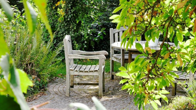Ein idyllischer Garten mit Holzm&ouml;beln, umgeben von &uuml;ppigem Gr&uuml;n und Pflanzen. Sonnenlicht f&auml;llt durch die Bl&auml;tter und schafft eine friedliche Atmosph&auml;re., &copy; pixabay