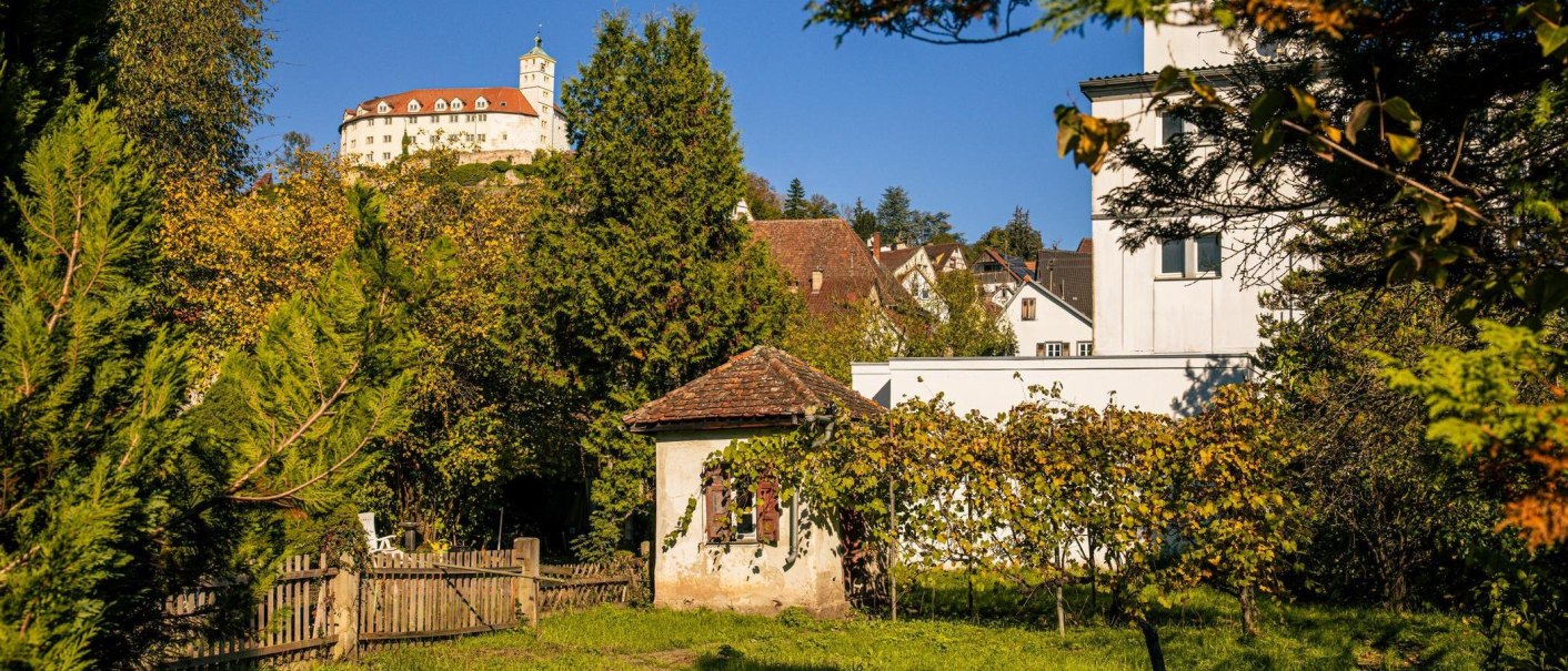 Ein malerischer Garten mit kleinem H&auml;uschen, umgeben von B&auml;umen. Im Hintergrund thront ein Schloss auf einem H&uuml;gel., &copy; Stuttgart-Marketing GmbH, Sarah Schmid