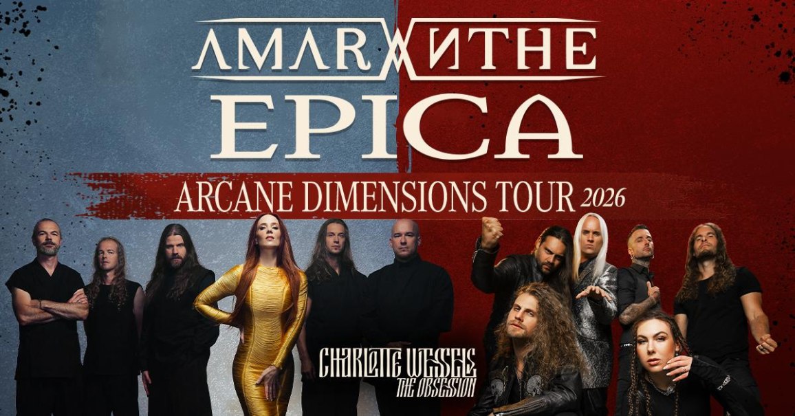 Poster der Arcane Dimensions Tour 2026 mit den Bands Amaranthe und Epica. Mehrere Bandmitglieder sind abgebildet, der Hintergrund ist zweifarbig., © Music Circus Concertbüro GmbH & Co. KG