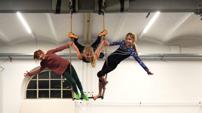 Drei Kinder hängen an Seilen in einer Halle und üben Luftakrobatik. Sie tragen sportliche Kleidung und wirken konzentriert und fröhlich., © Kunstschule Labyrinth Drei Kinder hängen an Seilen in einer Halle und üben Luftakrobatik. Sie tragen sportliche Kleidung und wirken konzentriert und fröhlich., © Kunstschule Labyrinth