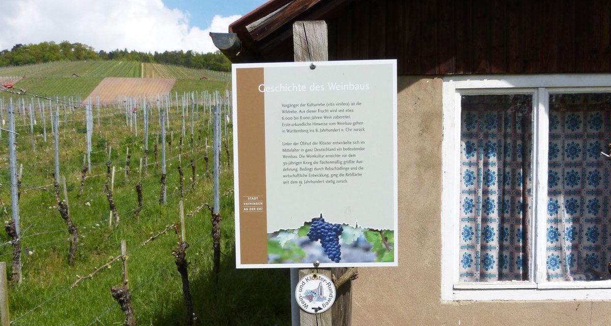 Ein Schild mit Informationen zur Geschichte des Weinbaus steht vor einem Weinberg und einem kleinen Geb&auml;ude mit gemusterten Vorh&auml;ngen., &copy; Land der 1000 H&uuml;gel - Kraichgau-Stromberg