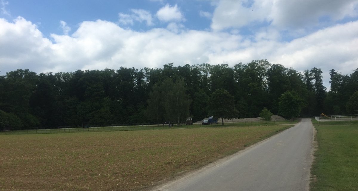 Eine ländliche Straße führt an einem Feld vorbei. Im Hintergrund ist ein Wald zu sehen, daneben ein Fahrzeug und ein Zaun., © www.pro-cycl.de Eine ländliche Straße führt an einem Feld vorbei. Im Hintergrund ist ein Wald zu sehen, daneben ein Fahrzeug und ein Zaun., © www.pro-cycl.de