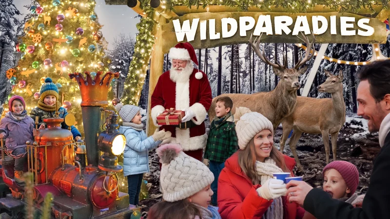 Festliches WinterWunderWald-Keyvisual mit Weihnachtsmann, Kindern, Rentieren, Lichterbaum und Dampflok im verschneiten Wald., © Erlebnispark Tripsdrill Festliches WinterWunderWald-Keyvisual mit Weihnachtsmann, Kindern, Rentieren, Lichterbaum und Dampflok im verschneiten Wald., © Erlebnispark Tripsdrill