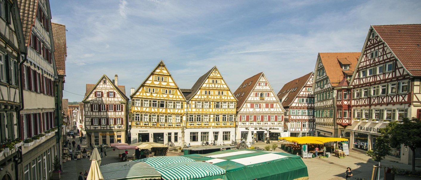 Blick auf den Marktplatz in Herrenberg mit malerischen Fachwerkhäusern und bunten Marktständen unter blauem Himmel., © SMG, Sarah Schmid Blick auf den Marktplatz in Herrenberg mit malerischen Fachwerkhäusern und bunten Marktständen unter blauem Himmel., © SMG, Sarah Schmid
