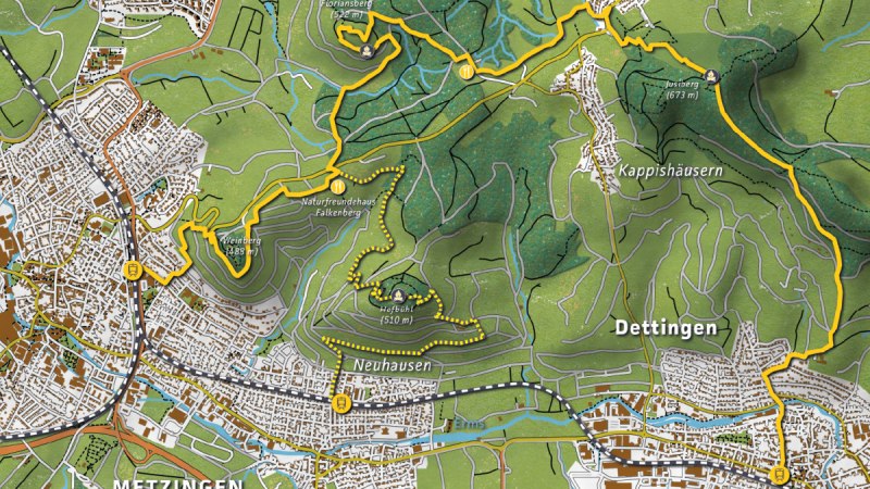 Karte von Metzingen und Umgebung mit markierten Wanderwegen, Orten wie Kohlberg, Dettingen und Sehenswürdigkeiten wie dem Naturfreundehaus Falkenberg.