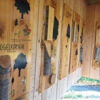Holztafeln im Waldzentrum zeigen Informationen &uuml;ber Baumarten wie Vogelkirche und Esche. Jede Tafel enth&auml;lt Illustrationen und Baumrinden., &copy; Stadtmarketing Sindelfingen