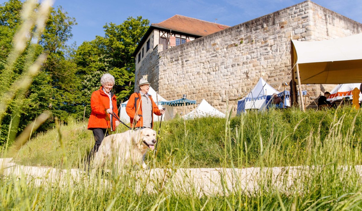Zwei ältere Personen spazieren mit einem Hund vor dem historischen Wäscherschloss. Im Hintergrund sind Zelte und grüne Wiesen zu sehen., © Landkreis Göppingen Zwei ältere Personen spazieren mit einem Hund vor dem historischen Wäscherschloss. Im Hintergrund sind Zelte und grüne Wiesen zu sehen., © Landkreis Göppingen